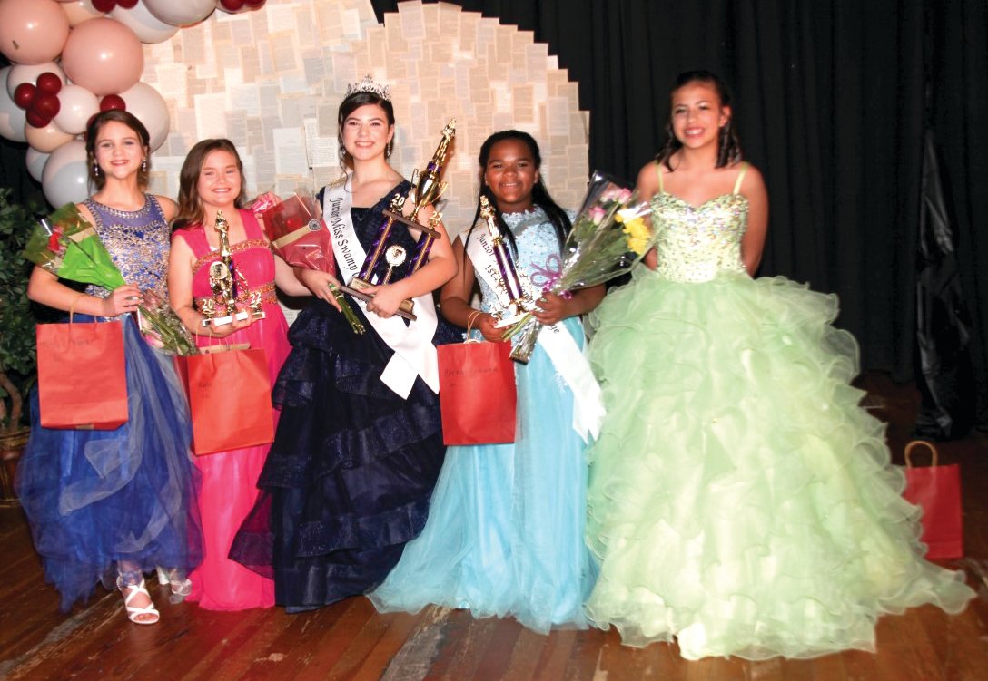 In the Junior Miss Swamp Cabbage contest, left to right are: Rebecca Howard, Second Runner-Up Reese Tyson, Most Talented and 2022 Junior Miss Swamp Cabbage Hailee Cooper, First Runner-Up Bre-Nay Beckworth and Alana Ross [Photo by Jerri Blake]